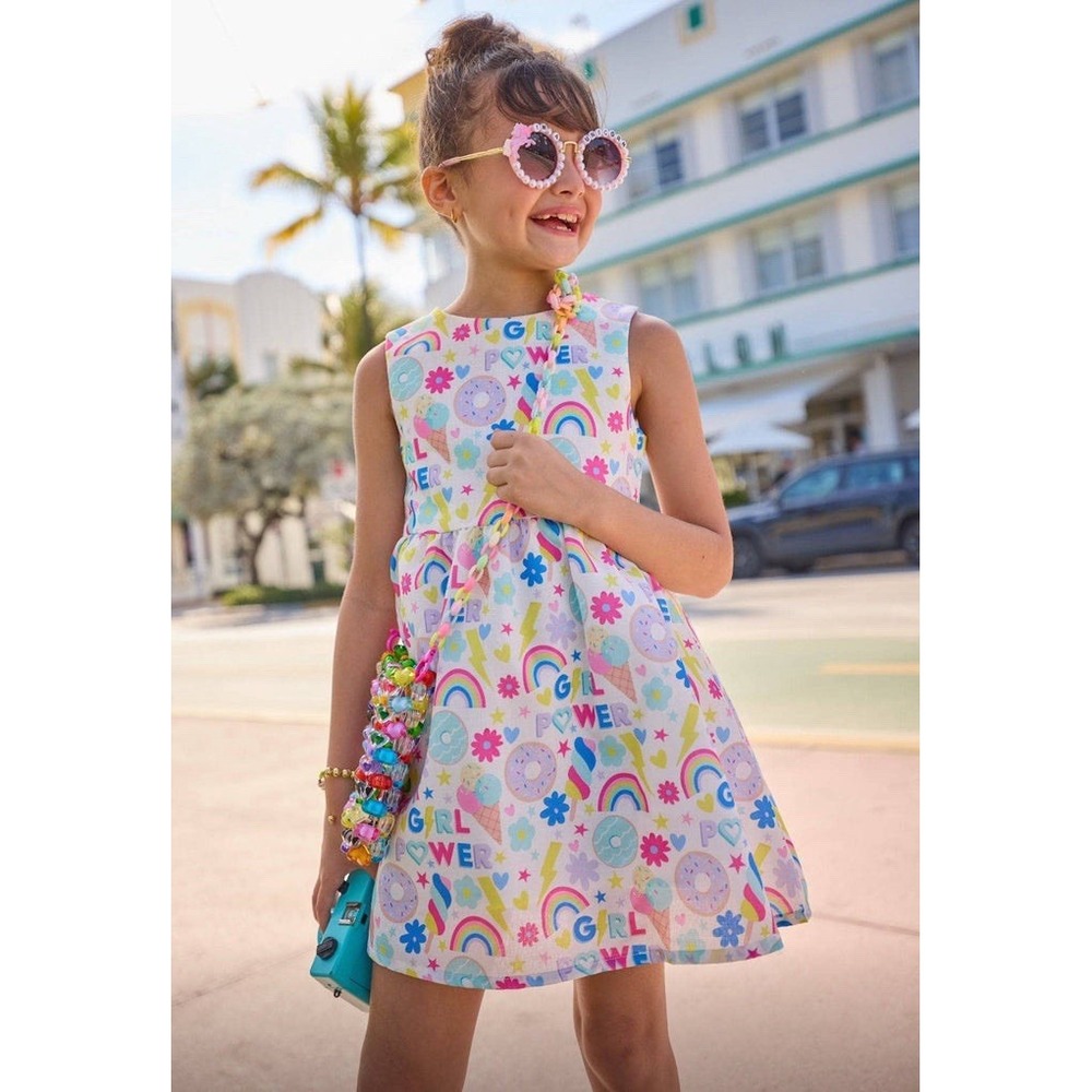 Lola and the Boys Girl Power Dress Rainbows Donuts Flowers Size 10 Fun Colorful